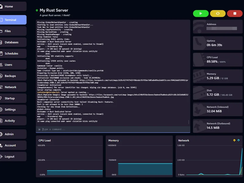 Rust server control panel overview