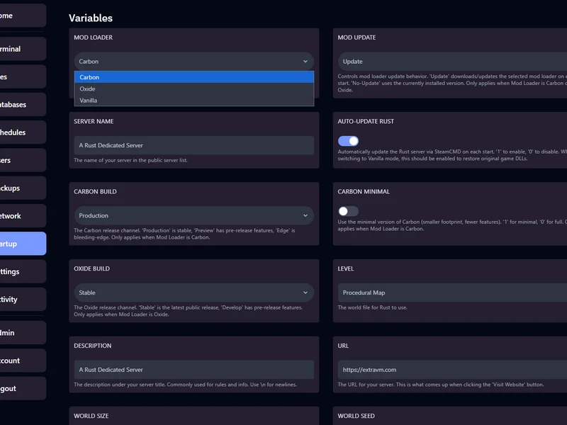 Rust server control panel configuration